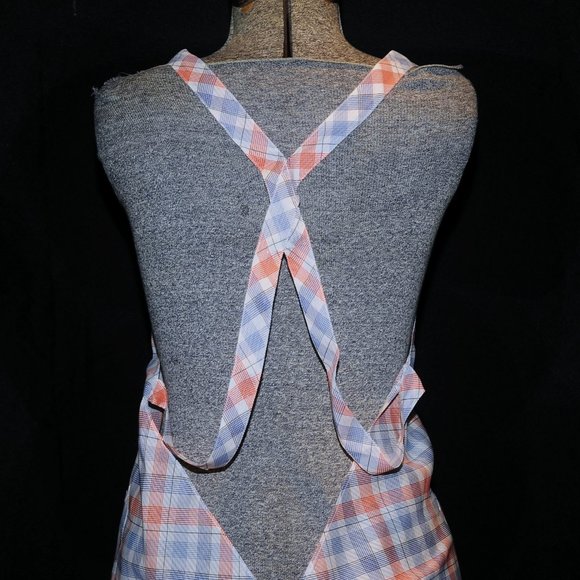 Vintage 70's Orange & Blue Plaid Check Full Bib Apron w/ Lace Criss Cross Back - Picture 8 of 11
